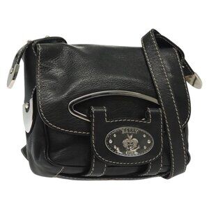 Authentic BALLY Shoulder Bag Leather Black Silver